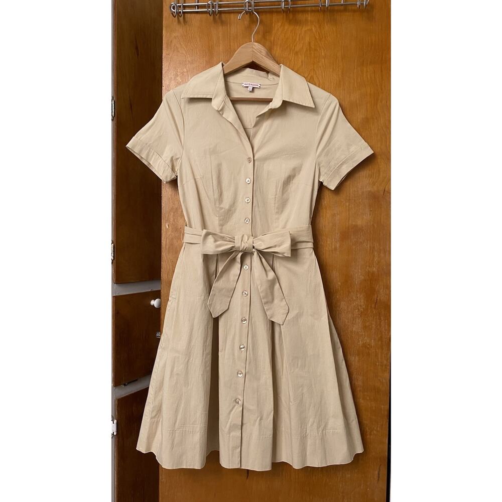 Frances Valentine Bella Khaki Shirt Dress Size S Office Tie Waist Beige Classic - Picture 3 of 7